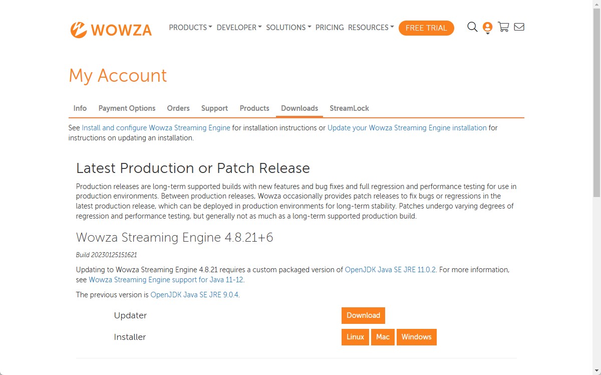 Wowza Streaming Engine のダウンロード